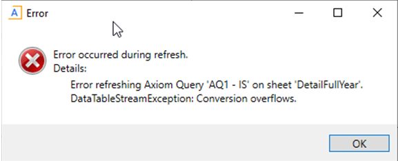 DataTableStreamException error when running an Axiom query