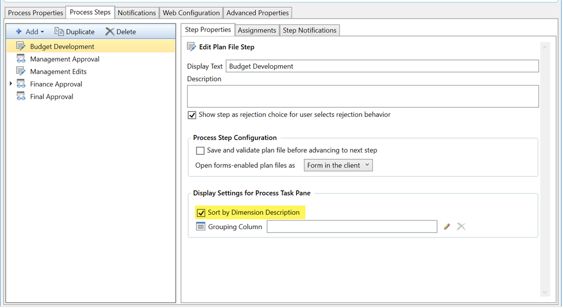 Configuring step display options for the Process task pane