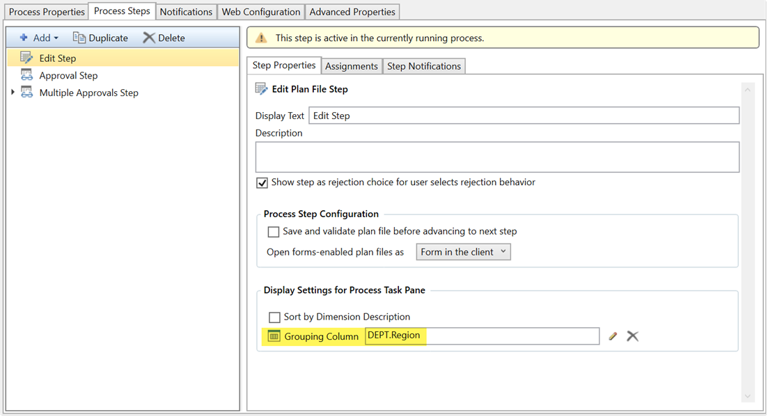 Configuring step display options for the Process task pane