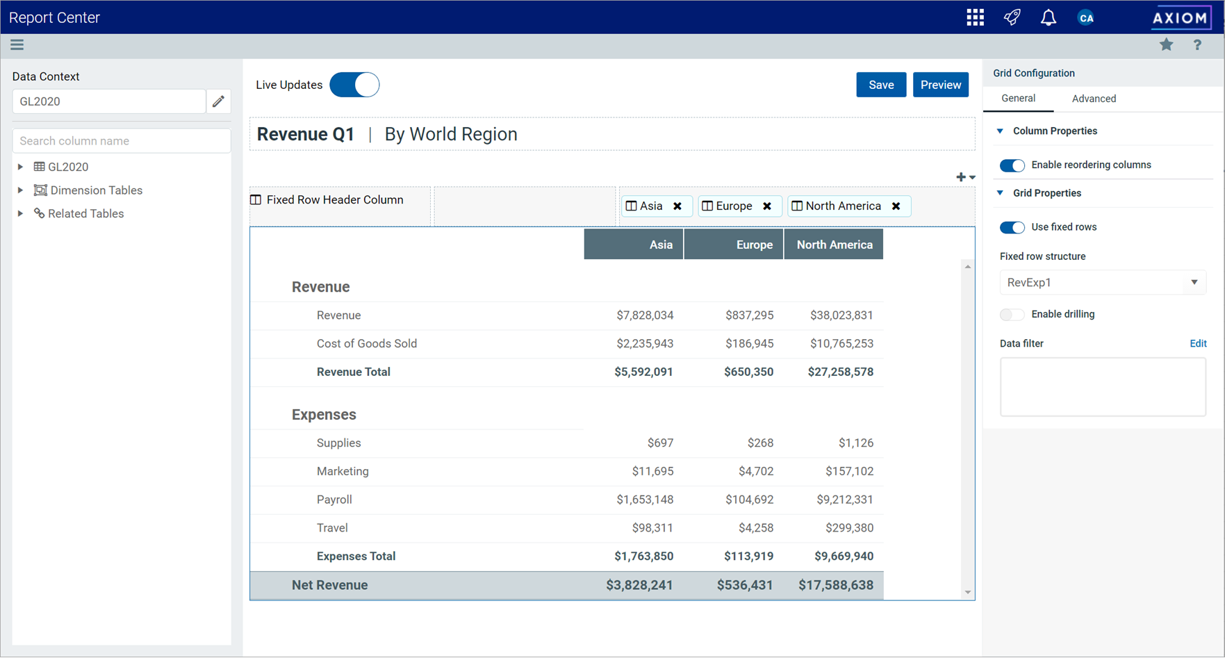 Specifying the fixed row structure for a web report