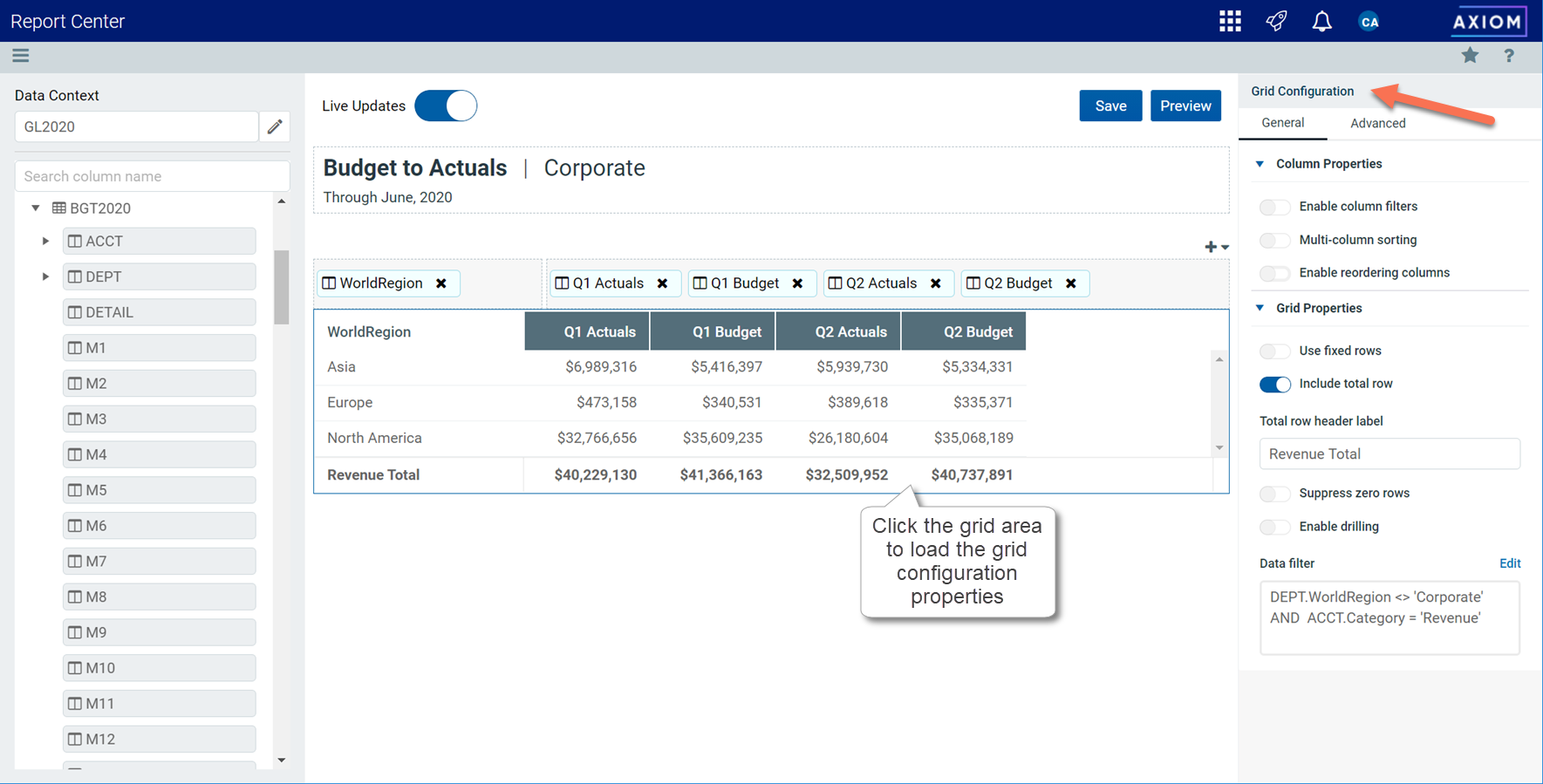 Configuring grid properties in a web report