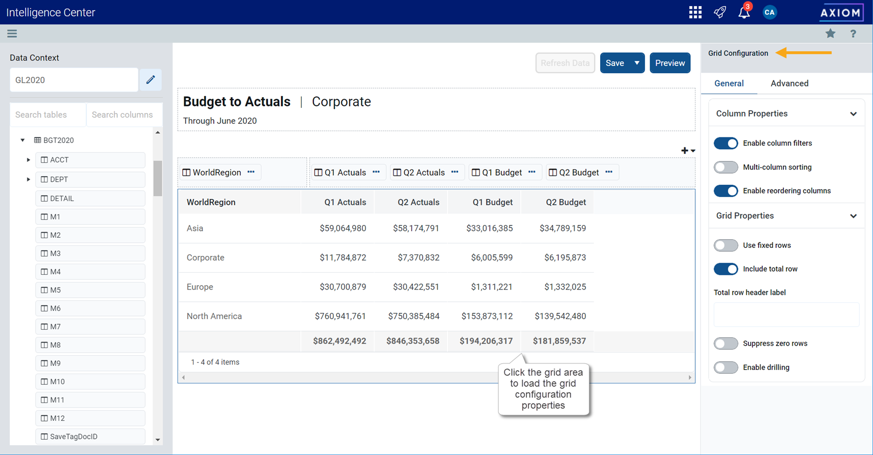 Configuring grid properties in a web report