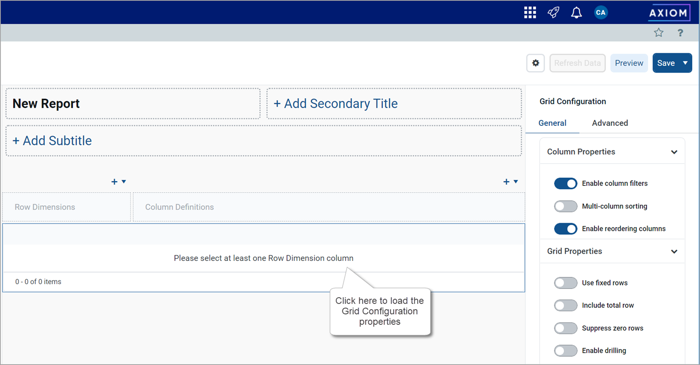 Specifying the fixed row structure for a web report