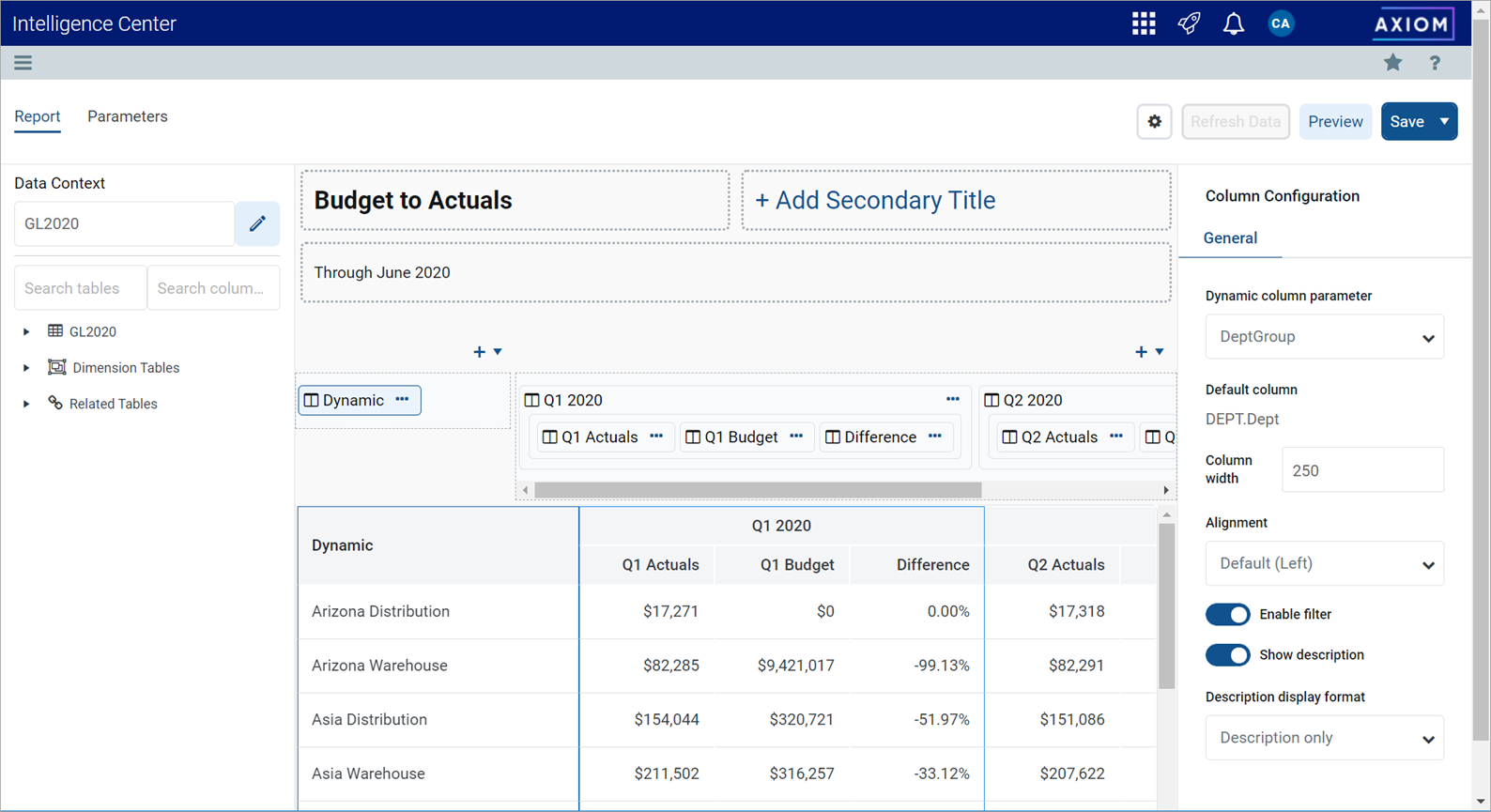 Using Column List report parameters
