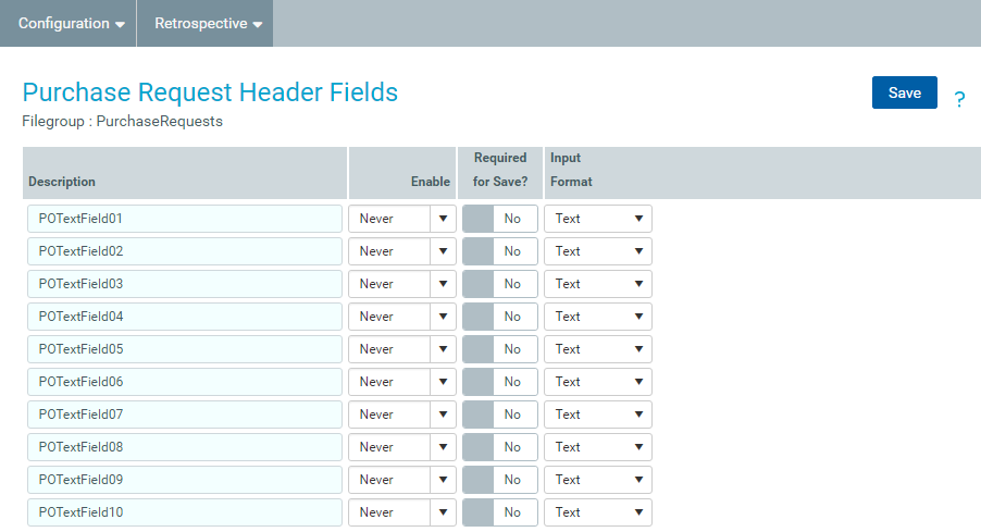 Configuring fields for purchase request headers
