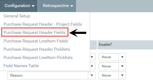 Configuring fields for purchase request headers