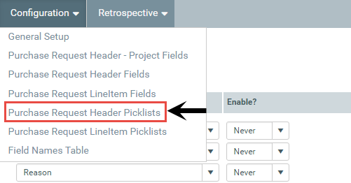 Configuring picklists for purchase request headers