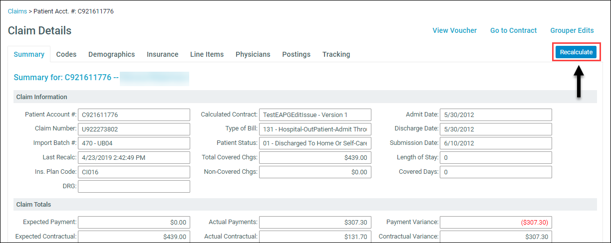 Recalculate a claim from Claim Details