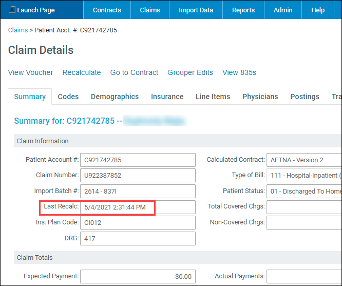 Recalculate a claim from Claim Details