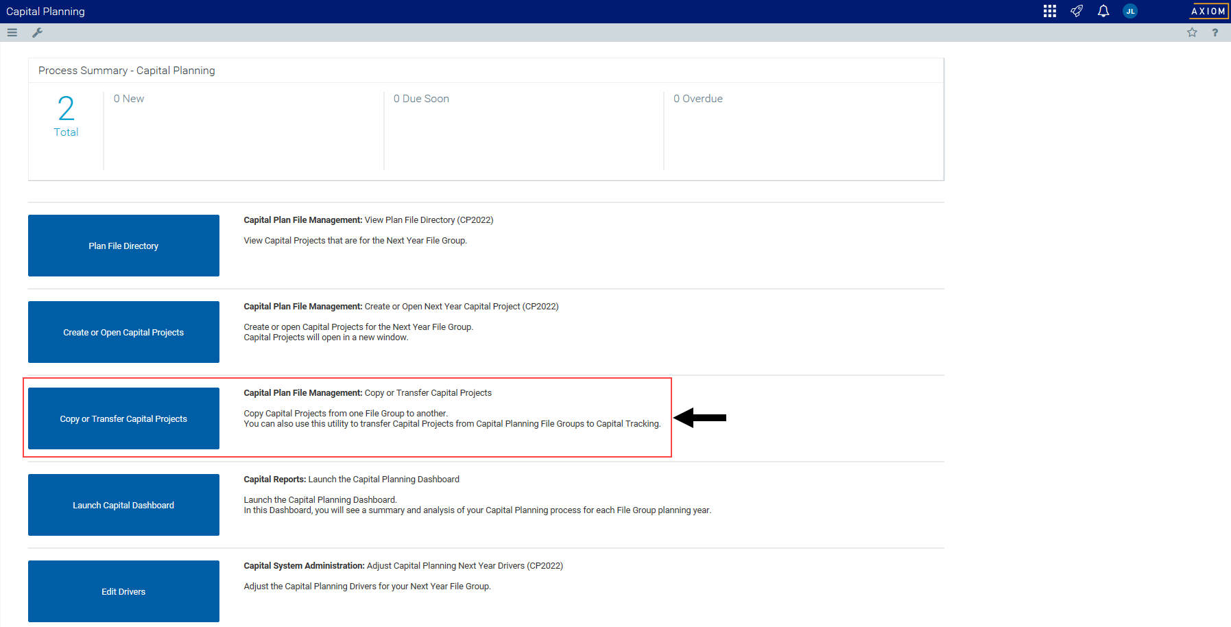 Copying or transferring capital projects