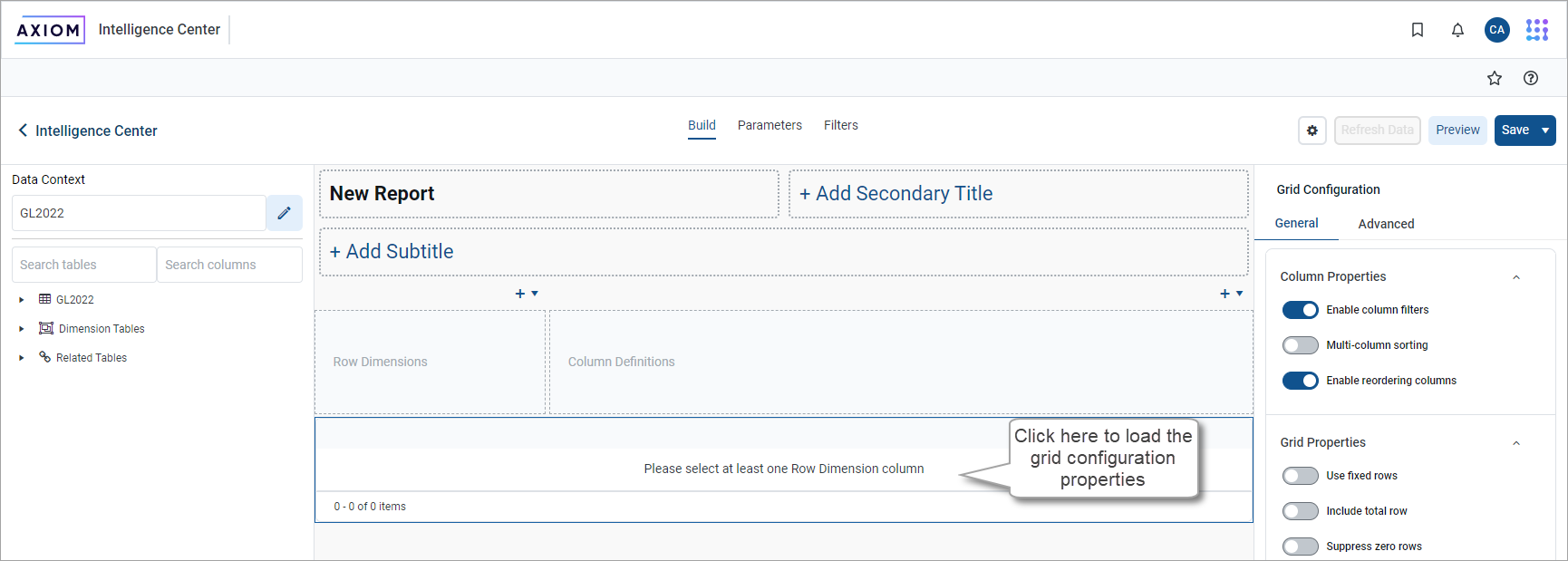 Specifying the fixed row structure for a web report