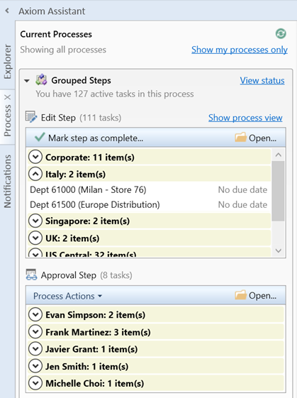 Configuring step display options for the Process task pane