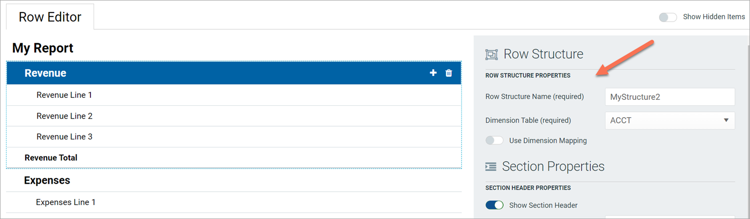 Row Structure Using the Row Editor