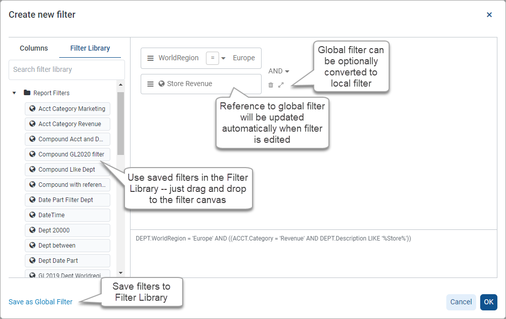 Using global filters in the Report Builder